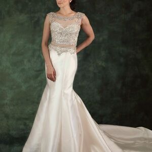 Elegant Champagne Mikado Wedding Gown with beaded illusion Neck & Back